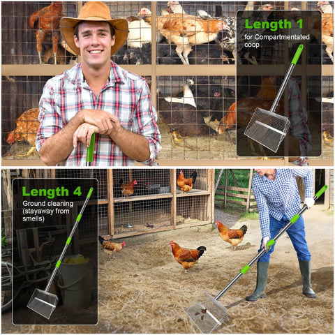 HumVMV 66inch adjustable litter scoop with ergonomic handle reduces bending during coop cleanup.