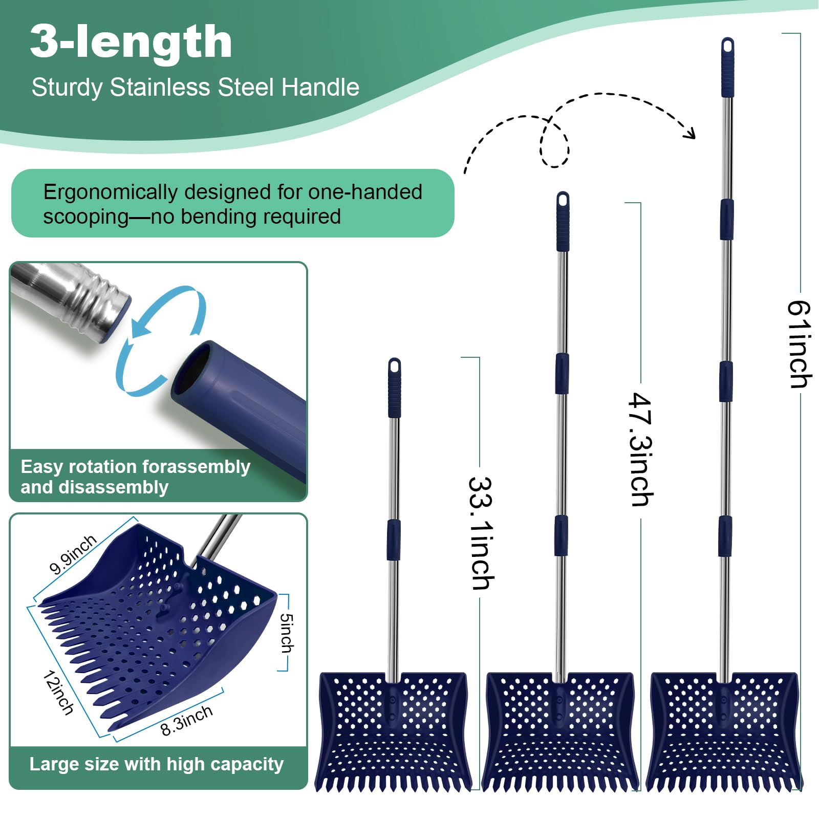 HUMVMV adjustable four-length handle adapts to every coop height.
