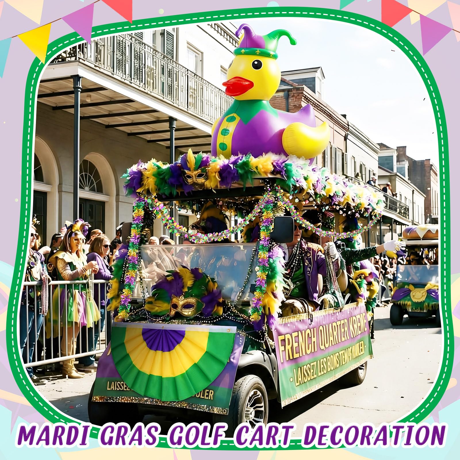 Hungdao Mardi Gras decor on a golf cart creates parade vibes