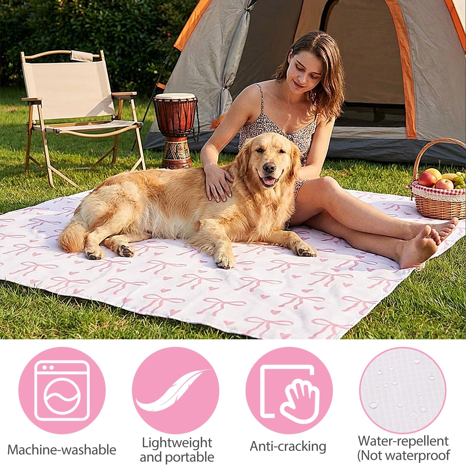 HunnmingRe Pink Bow Pocket Picnic Blanket at the beach, waterproof and sand-repellent