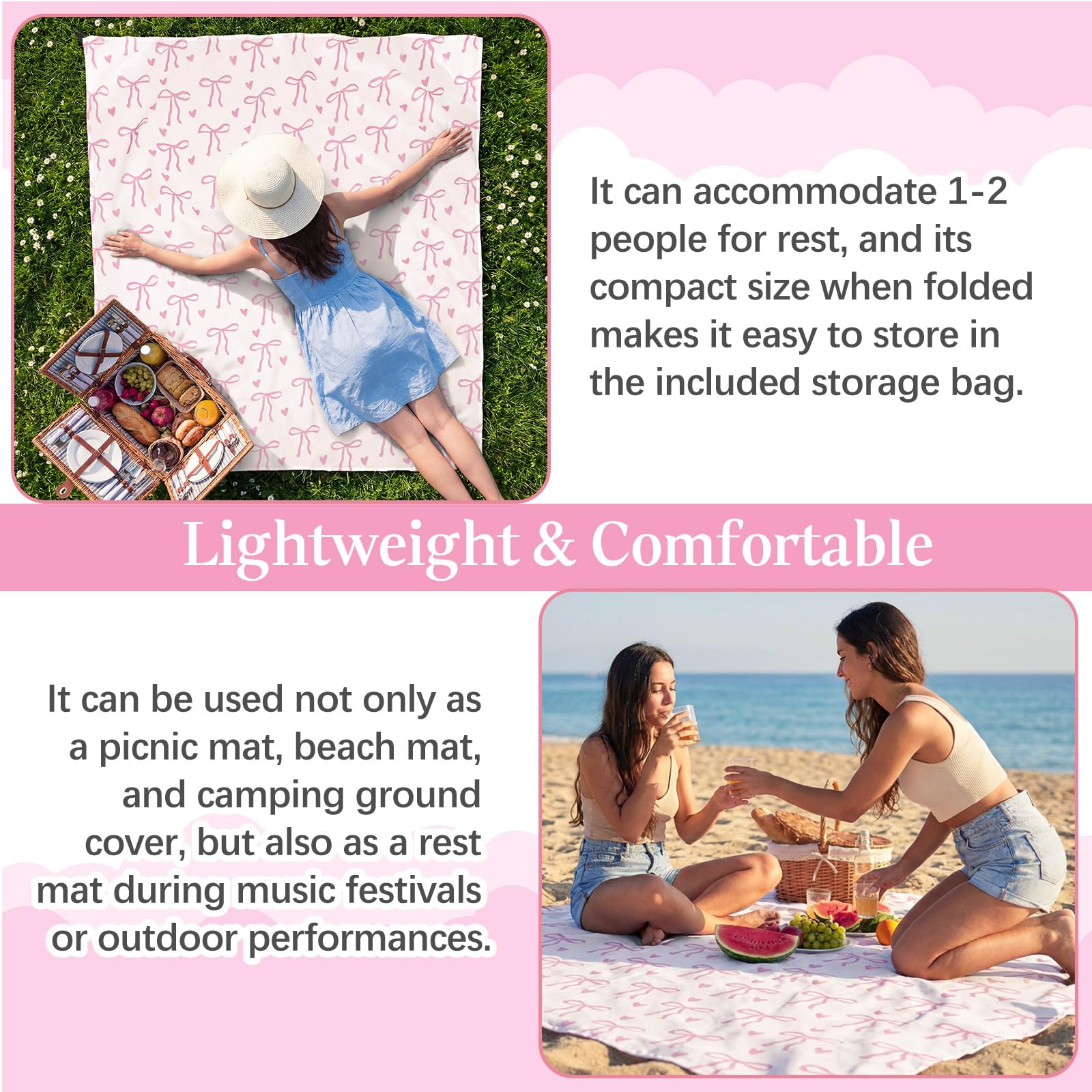 HunnmingRe Pink Bow Pocket Picnic Blanket is machine washable and quick-drying