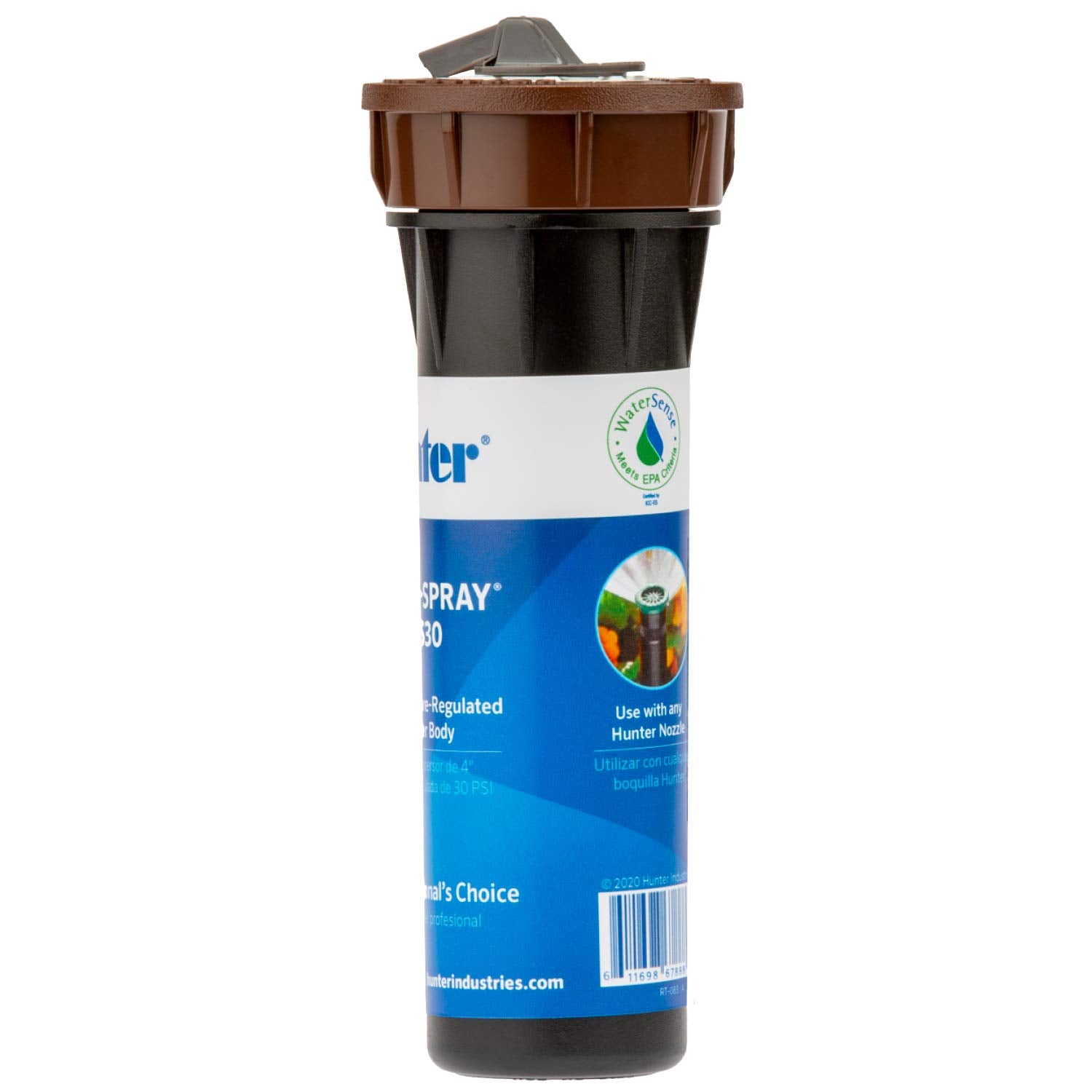 Hunter 4-inch pop-up sprinkler head ratcheting riser enables precise arc adjustment.