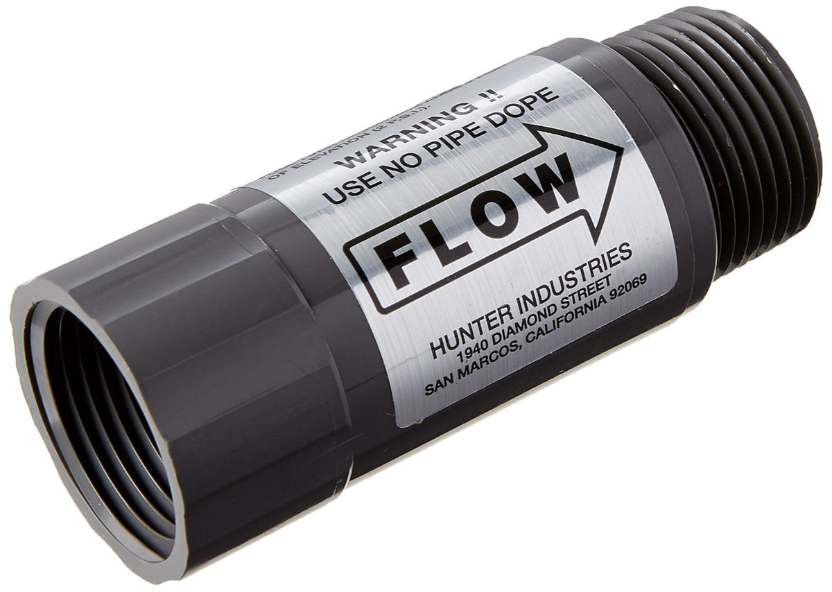 Hunter HCV check-valve close-up showing inlet and outlet function, prevents low-head drainage.