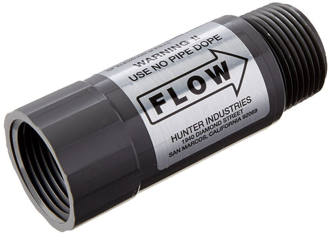 Hunter HCV check-valve close-up showing inlet and outlet function, prevents low-head drainage.