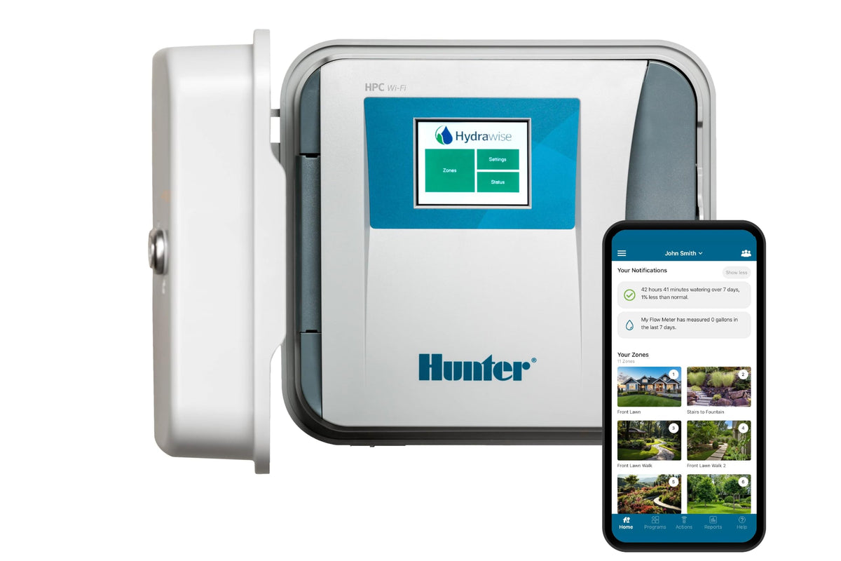 Hunter Hydrawise HPC400 front view showing smart irrigation control for water savings