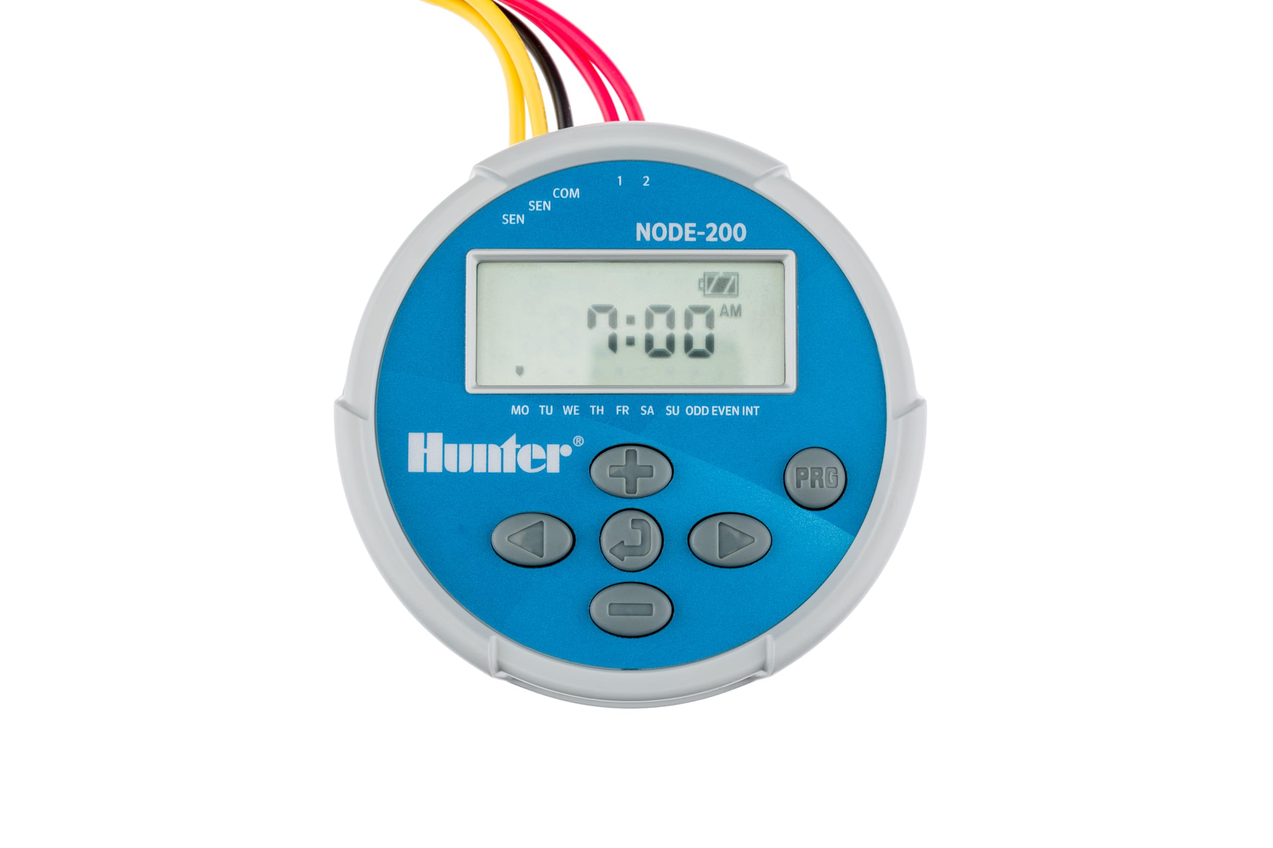 Hunter NODE-200 timer device demonstrating battery-powered irrigation control for remote sites.