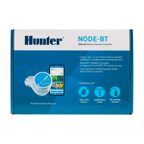 Hunter NODE-BT-100 manual control button and LED indicators in use.