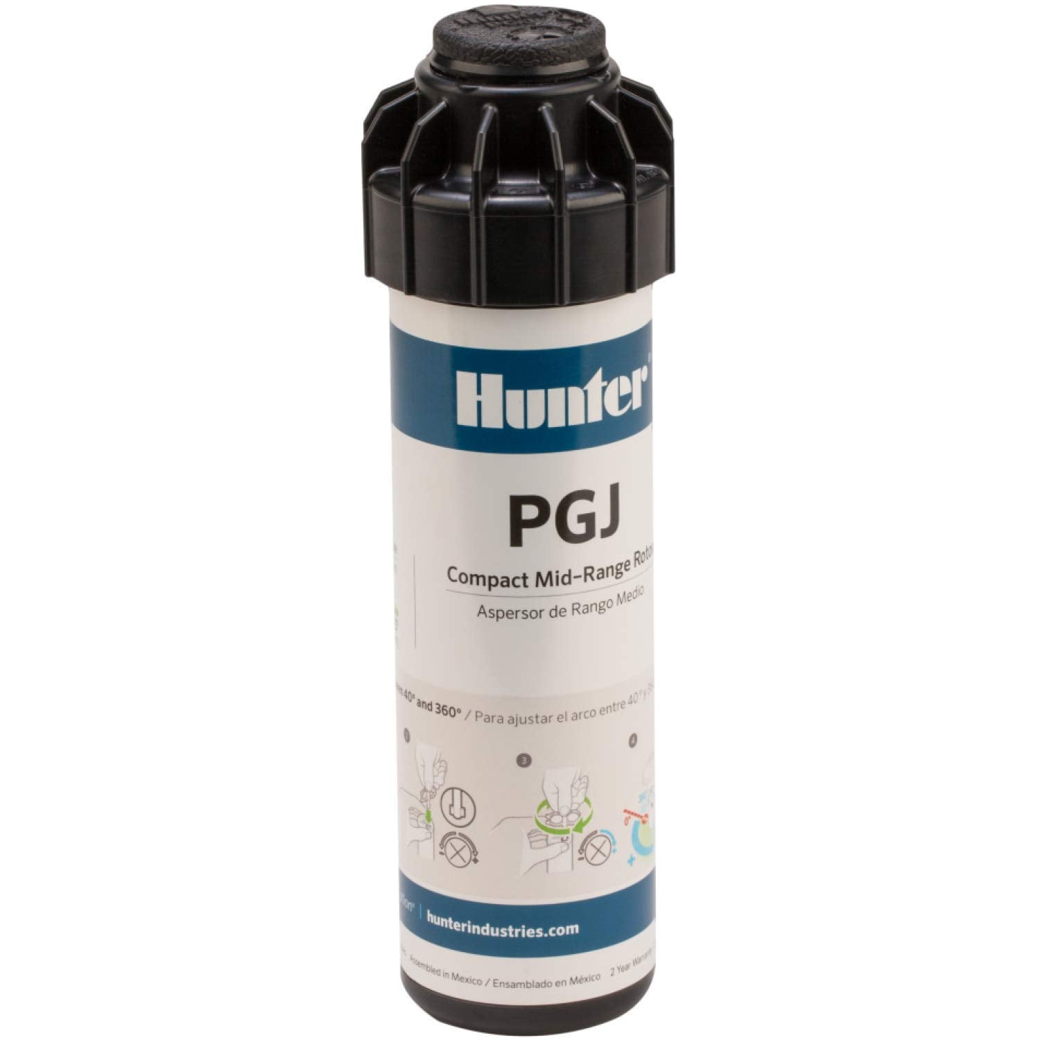 Hunter PGJ-04 rotor sprinkler head shows rugged reliability for precise lawn coverage.