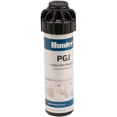 Hunter PGJ-04 rotor sprinkler head shows rugged reliability for precise lawn coverage.