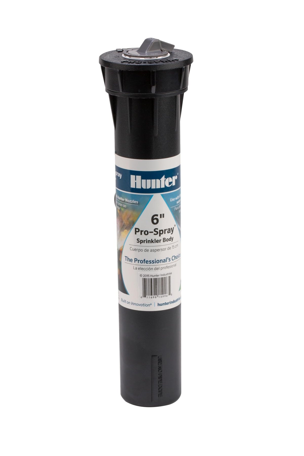 Hunter PROS-06 pop-up sprinkler body with ribbed exterior for secure soil fit.