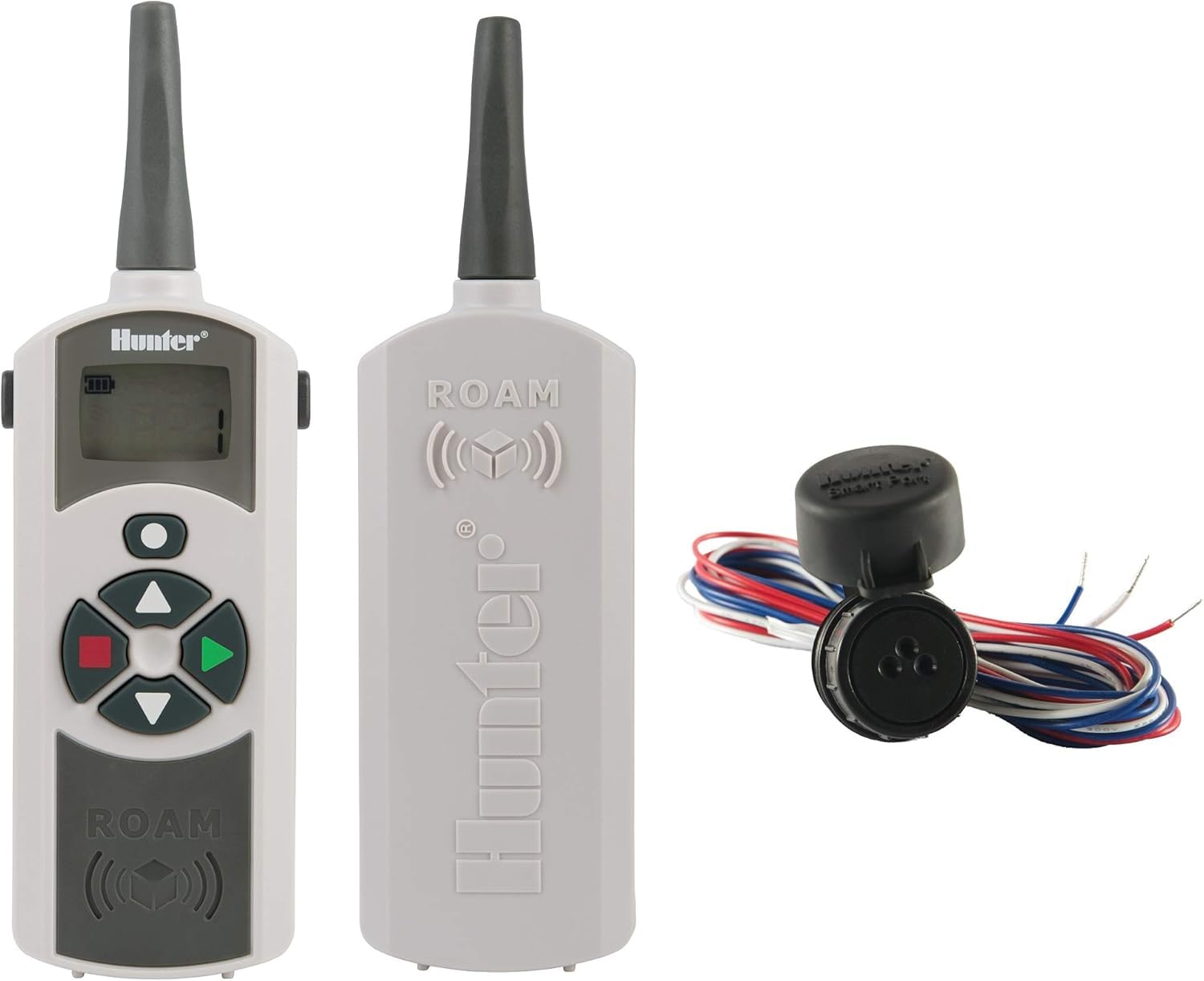 Hunter ROAM-KIT handheld remote with LCD screen enabling wireless irrigation control up to 1000 feet.