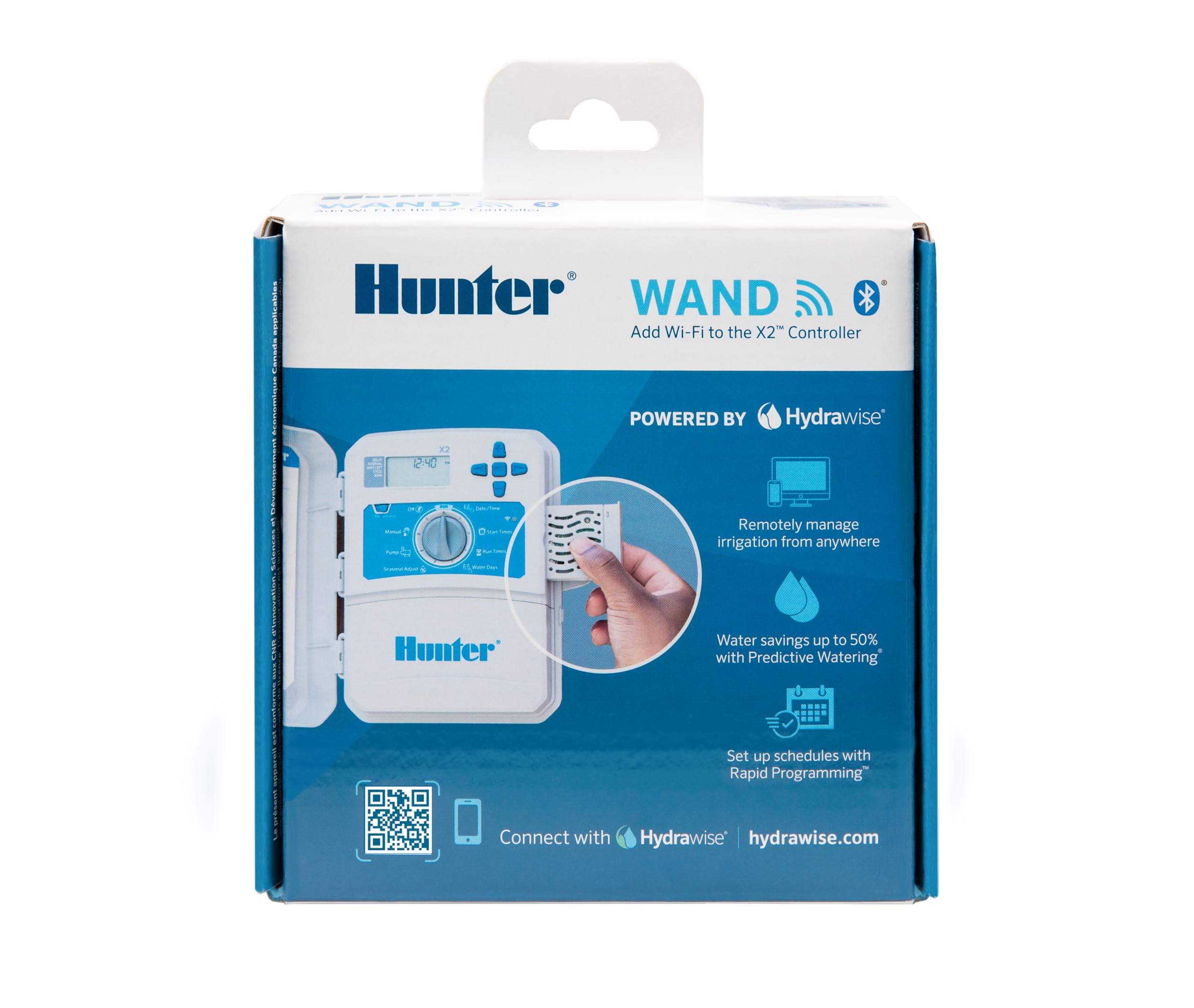 Hunter WAND Hydrawise app control for remote scheduling and monitoring.