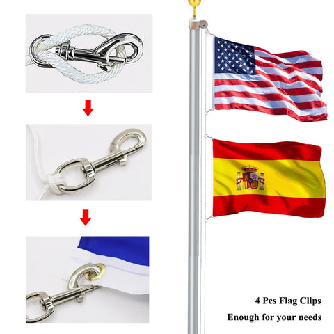 Huouo eye bolt clips attach easily to halyards for flags.