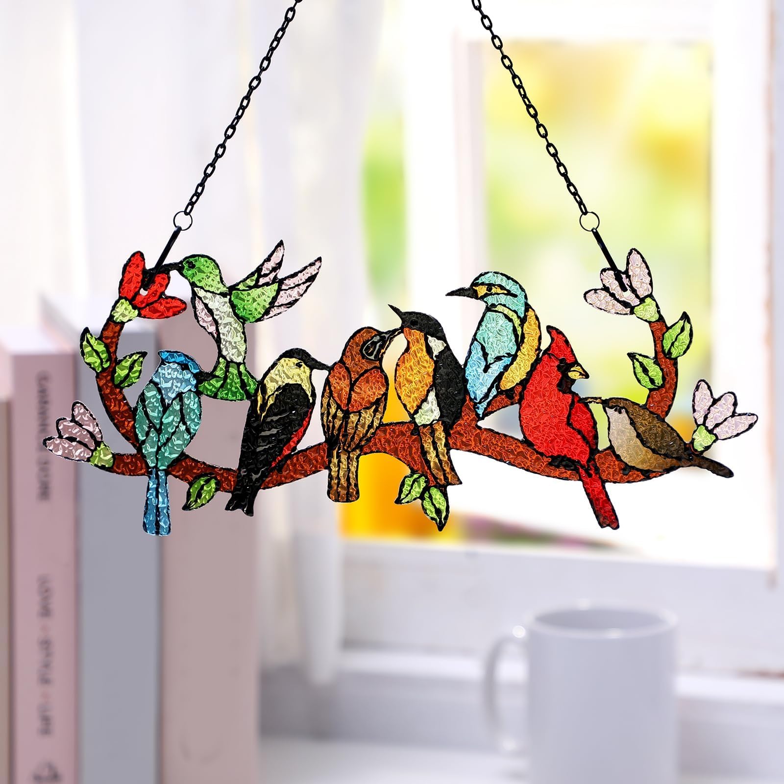 Huray Rayho kingfisher on branch stained glass suncatcher enhances sunlit rooms.
