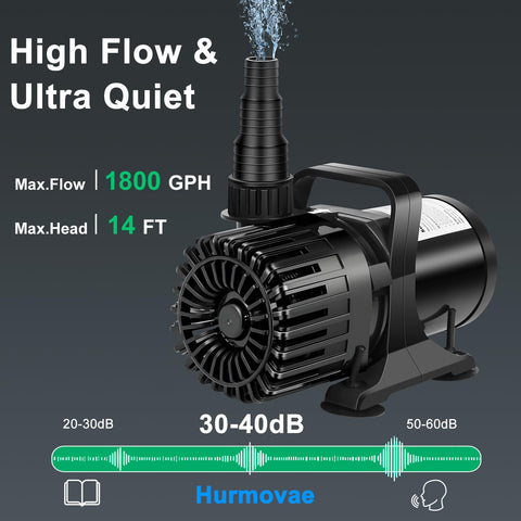 Hurmovae 100W pond pump delivering 1800 GPH flow for a lively waterfall