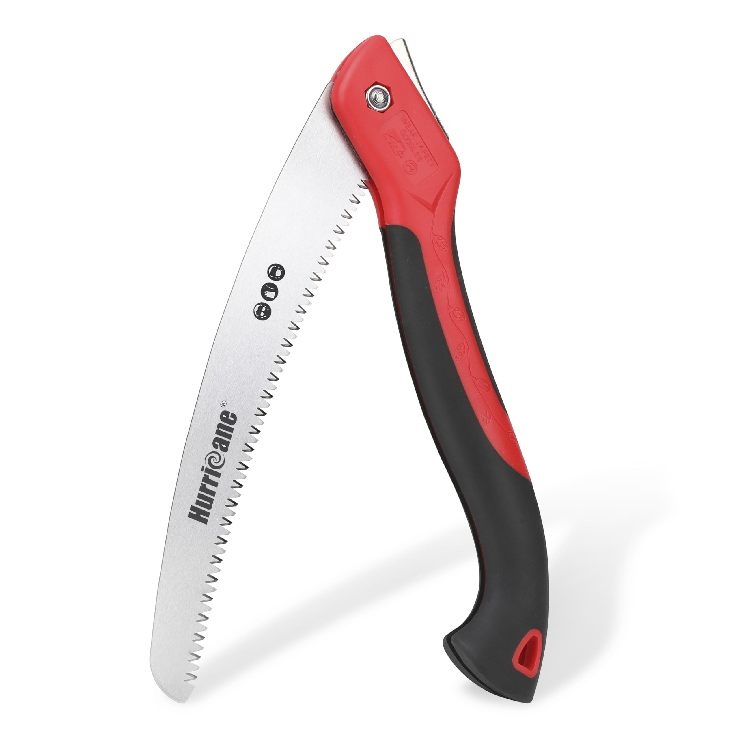 HURRICANE folding saw with 10-inch blade cutting through branches for quick pruning.