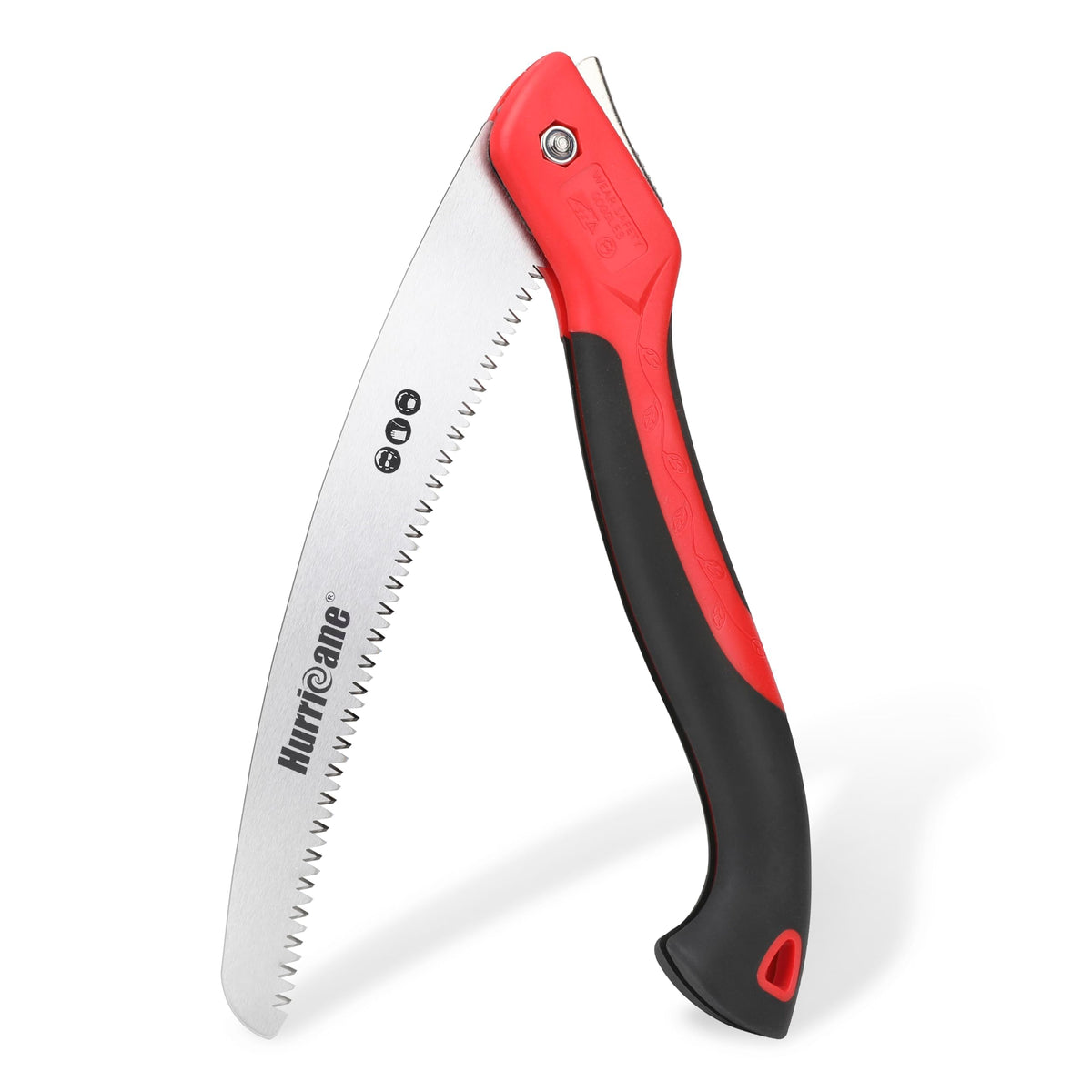 HURRICANE folding saw with 10-inch blade cutting through branches for quick pruning.