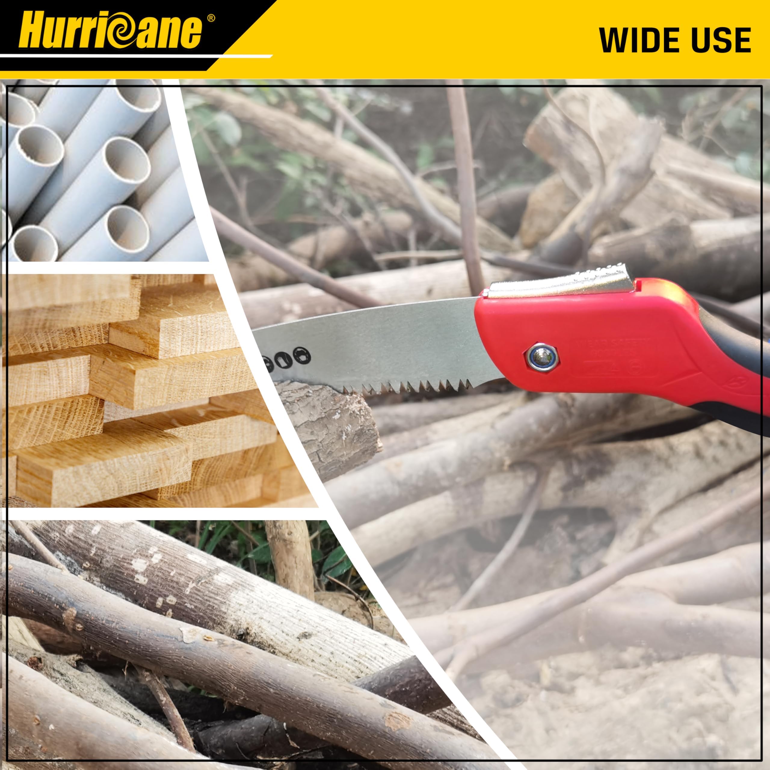 HURRICANE folding saw compact outdoor tool ready for camping and hiking.
