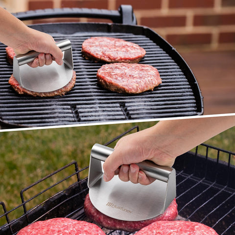 Husfunov burger press compact handle for kitchen or camping.