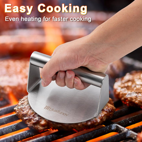 Husfunov burger press with stainless steel body resists sticking.
