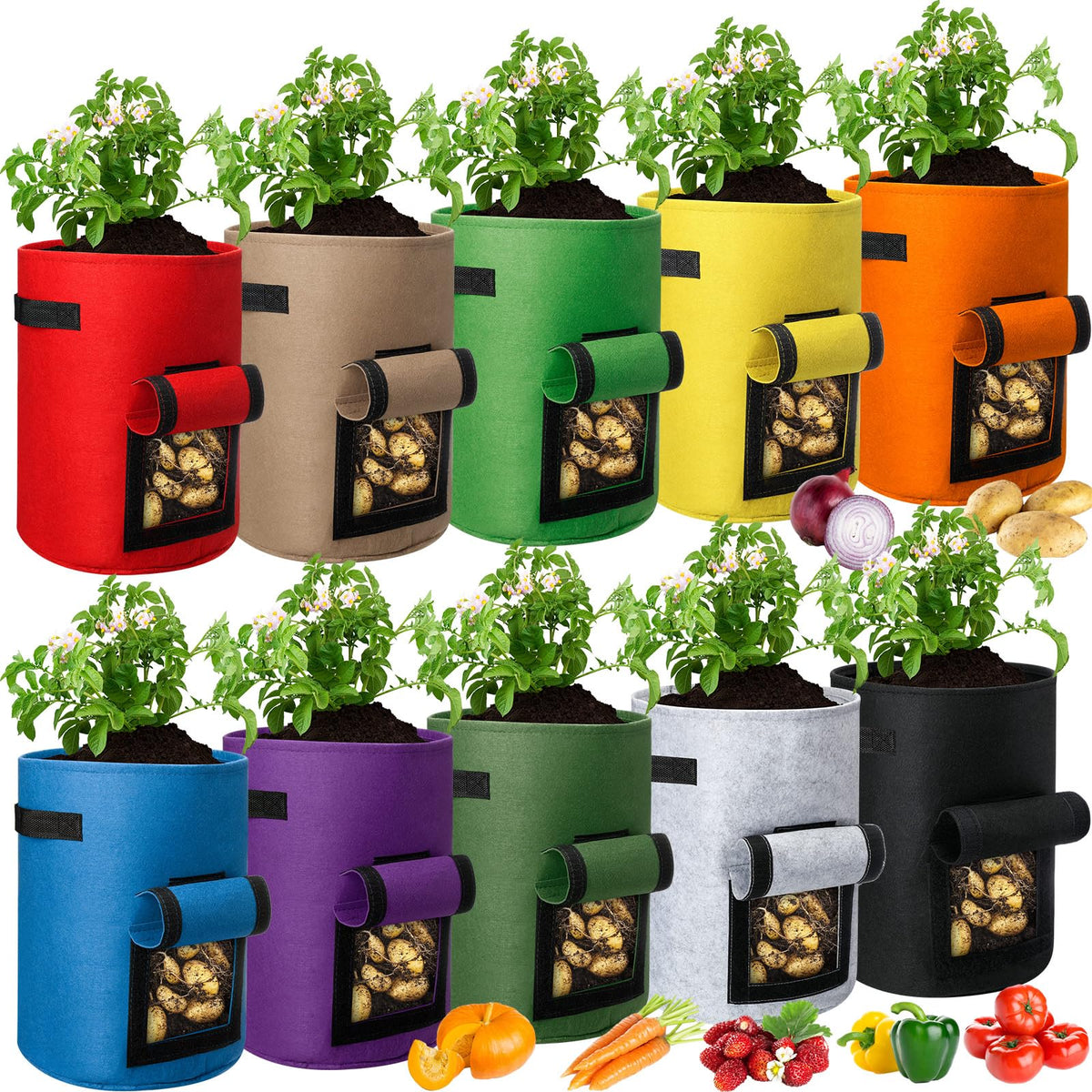 Hushee potato grow bag with handle for easy relocation and 10-gallon capacity.