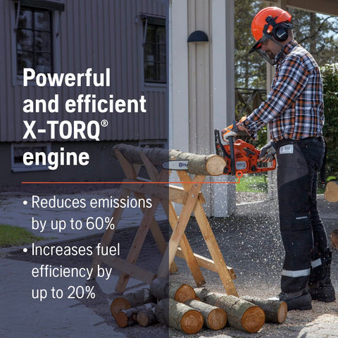 Husqvarna 120 Mark III air injection system expelling debris to protect the engine.