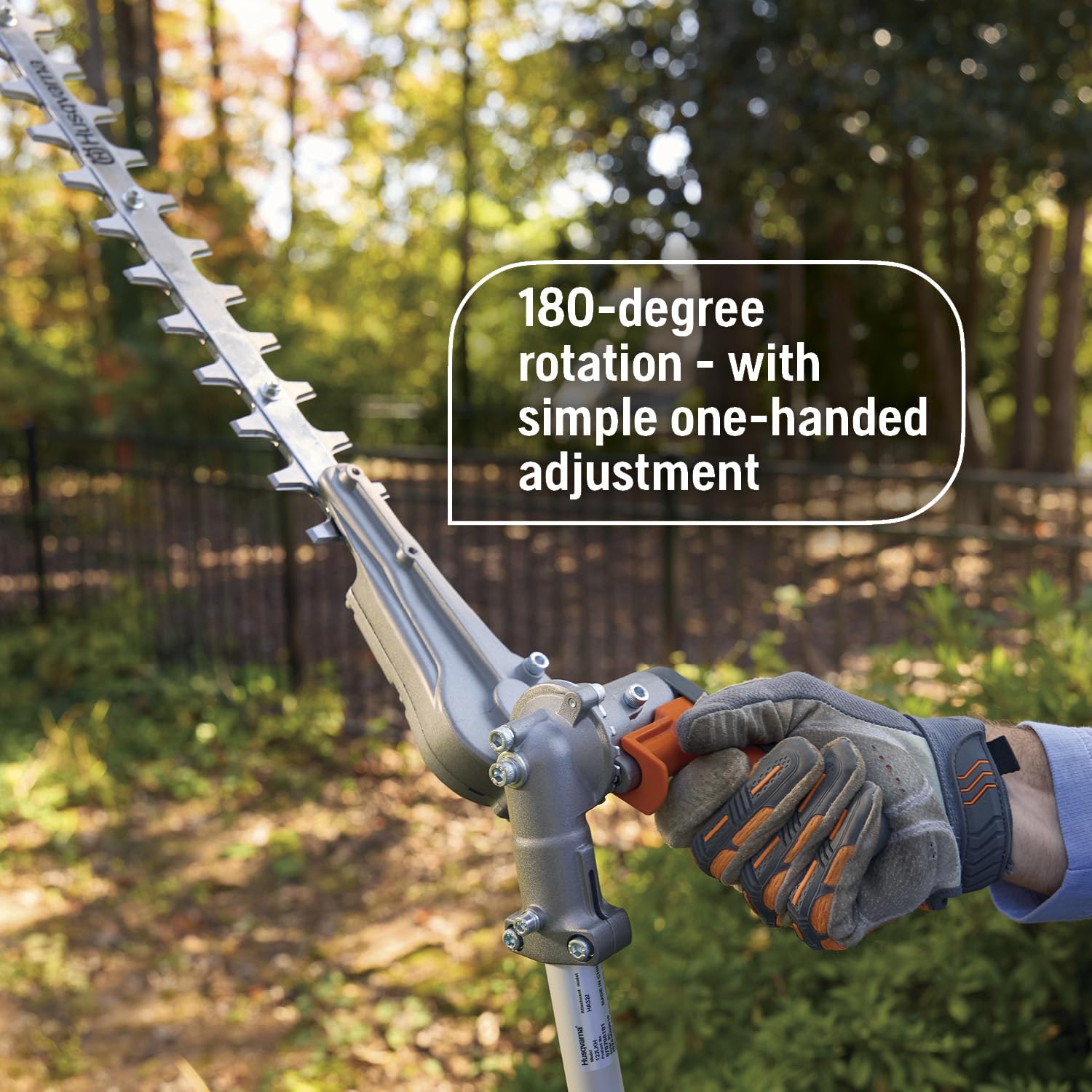 Husqvarna 122LKH 180 degree rotation supports easy one handed hedge shaping