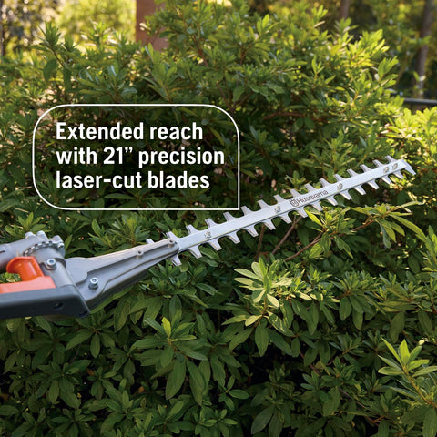 Husqvarna 122LKH double sided blades deliver clean cuts on dense hedges