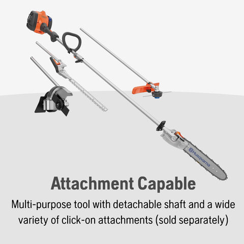 Husqvarna 122LKP attachment-capable design supports edger and hedge trimmer options.
