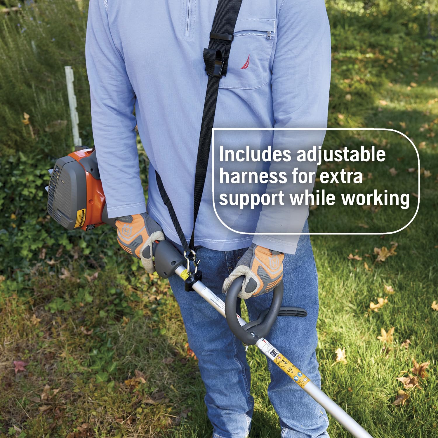 Adjustable harness supports comfort during longer yard sessions with Husqvarna 122RJ
