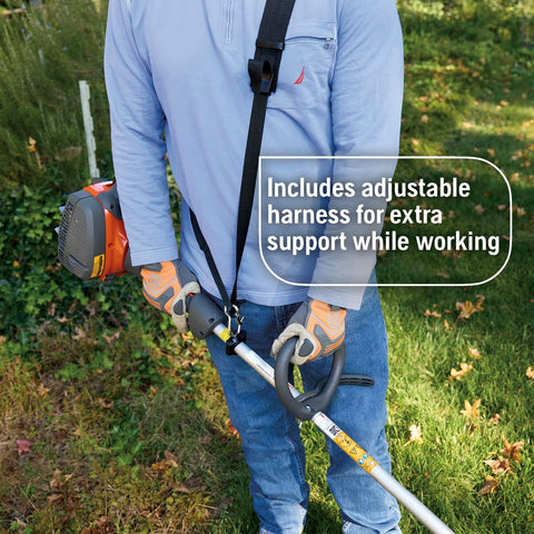Adjustable harness supports comfort during longer yard sessions with Husqvarna 122RJ