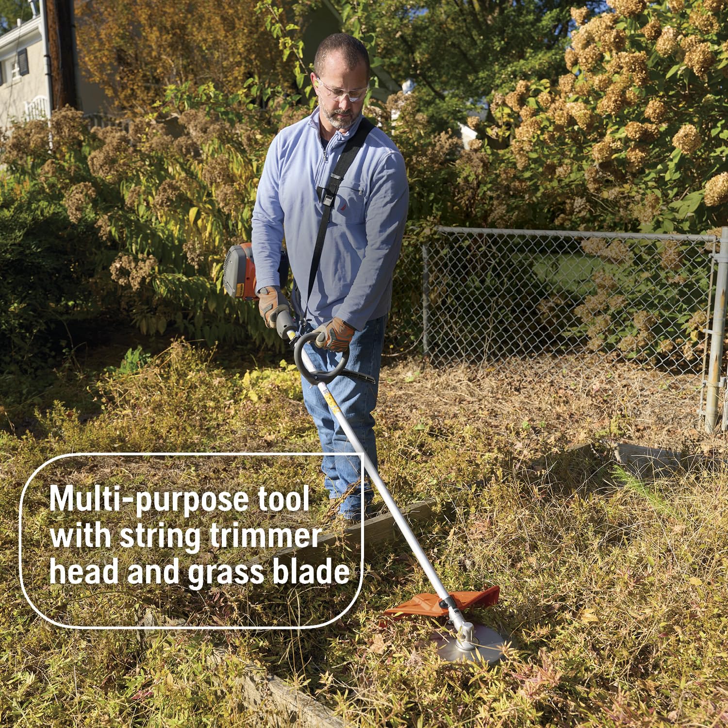 Husqvarna 122RJ with grass blade attachment for fast brush clearing