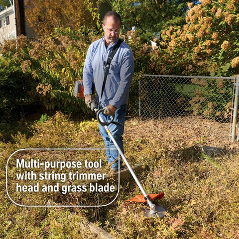 Husqvarna 122RJ with grass blade attachment for fast brush clearing