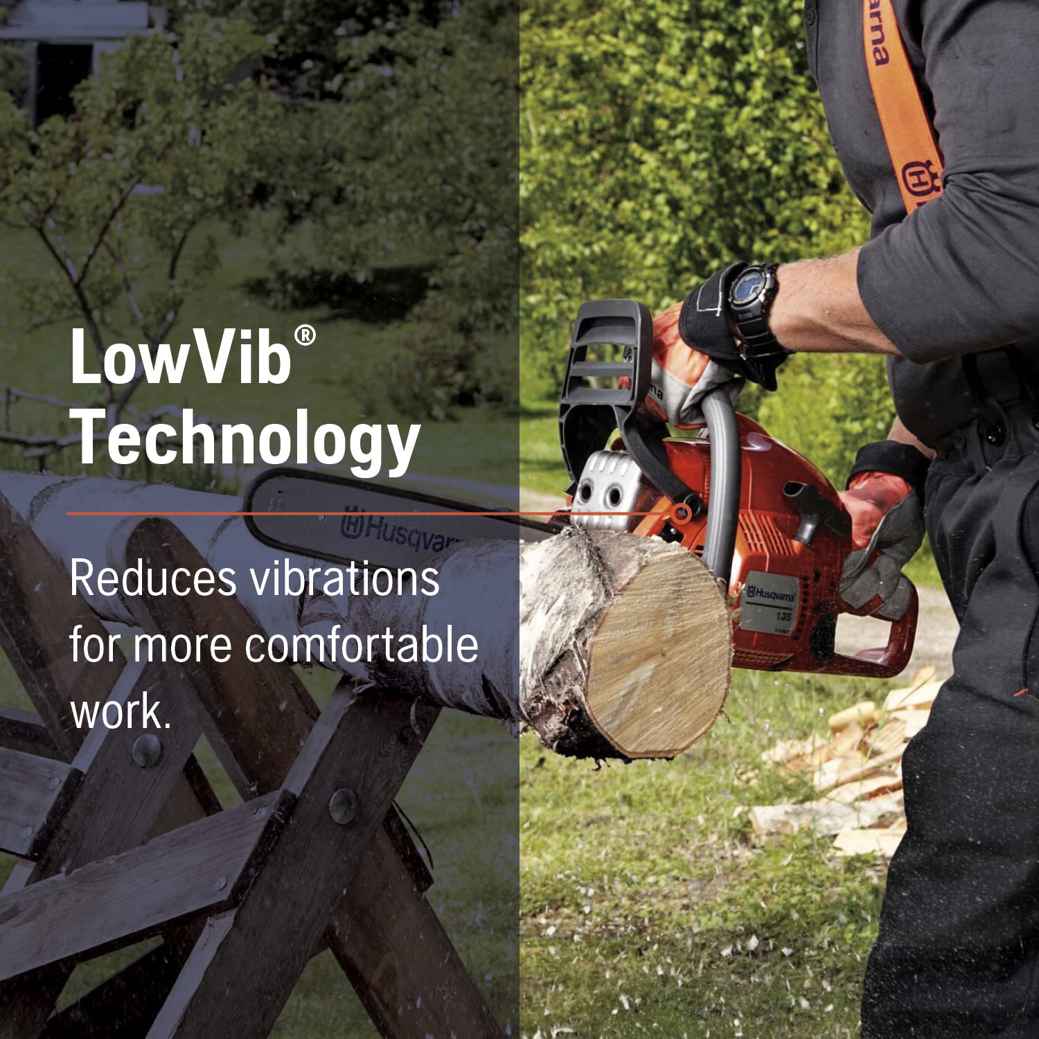 Husqvarna 135 Mark II air injection cleans debris for engine longevity.