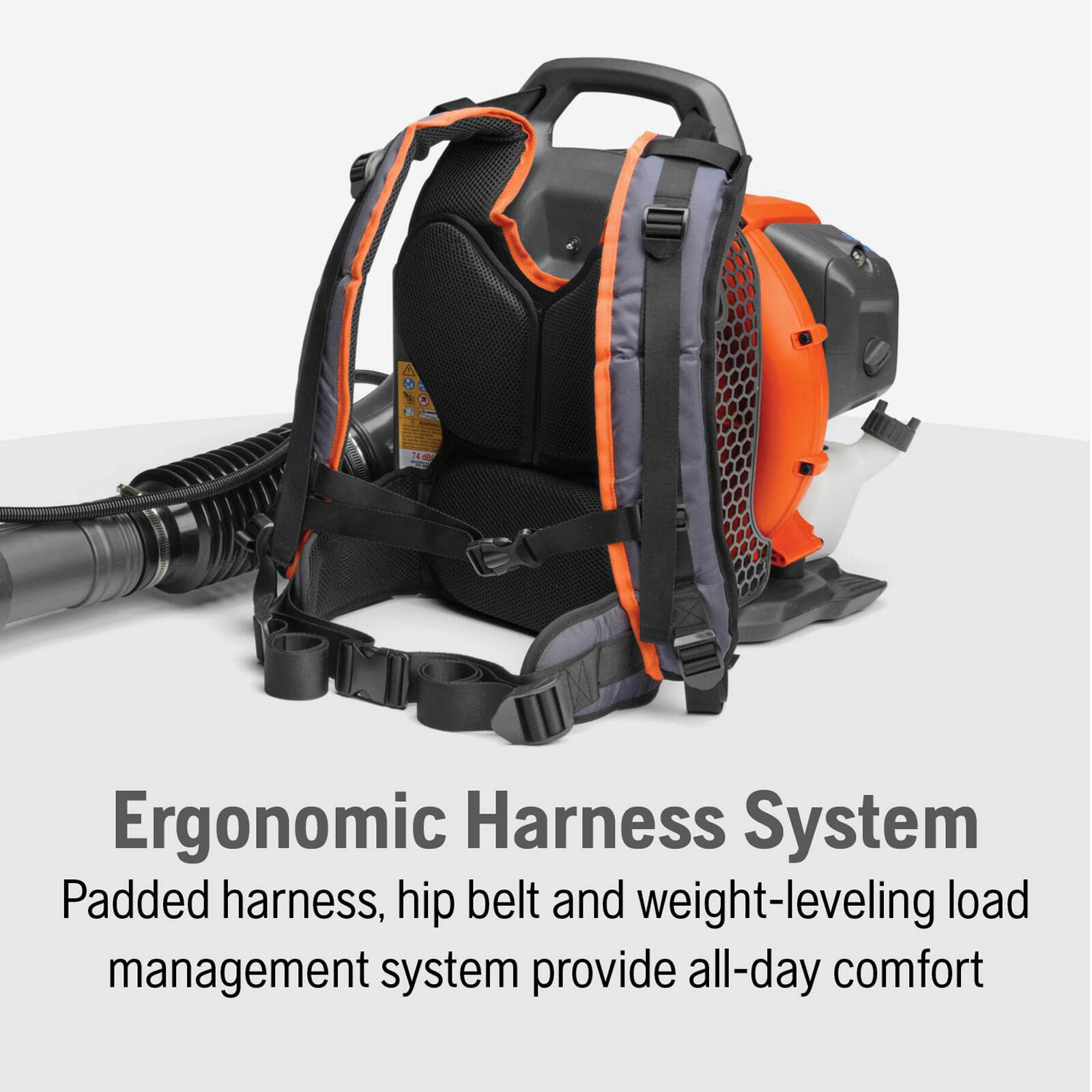 Husqvarna 150BT ergonomic harness detail highlights padded support and hip belt.