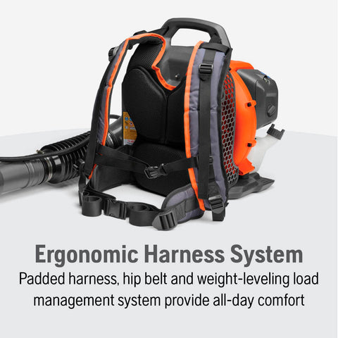 Husqvarna 150BT ergonomic harness detail highlights padded support and hip belt.
