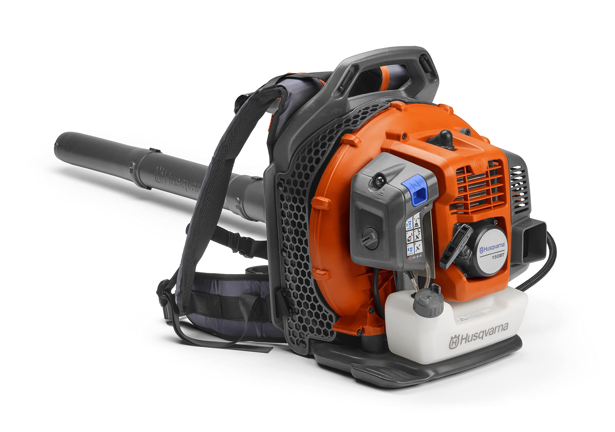 Husqvarna 150BT backpack blower, front view, ideal for clearing yard debris.