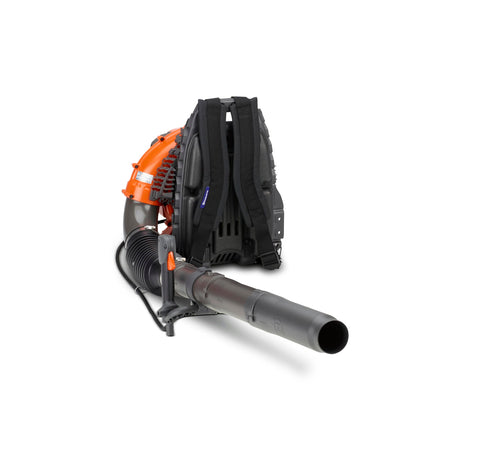 Husqvarna 360BT blower shows offset handle for easier control and reduced arm strain.