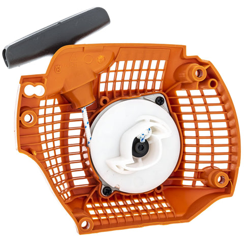 Husqvarna 435E recoil starter close-up shows rope, spring, and pulley for easy maintenance.
