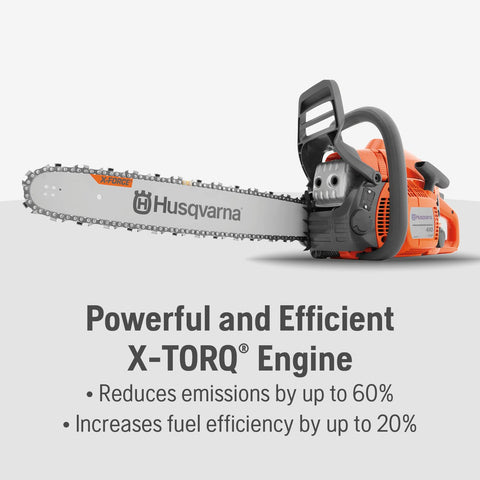 Husqvarna 440 inertia chain brake enhances kickback protection.