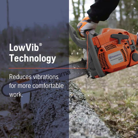 Husqvarna 440 side tensioning enables quick chain slack adjustments.