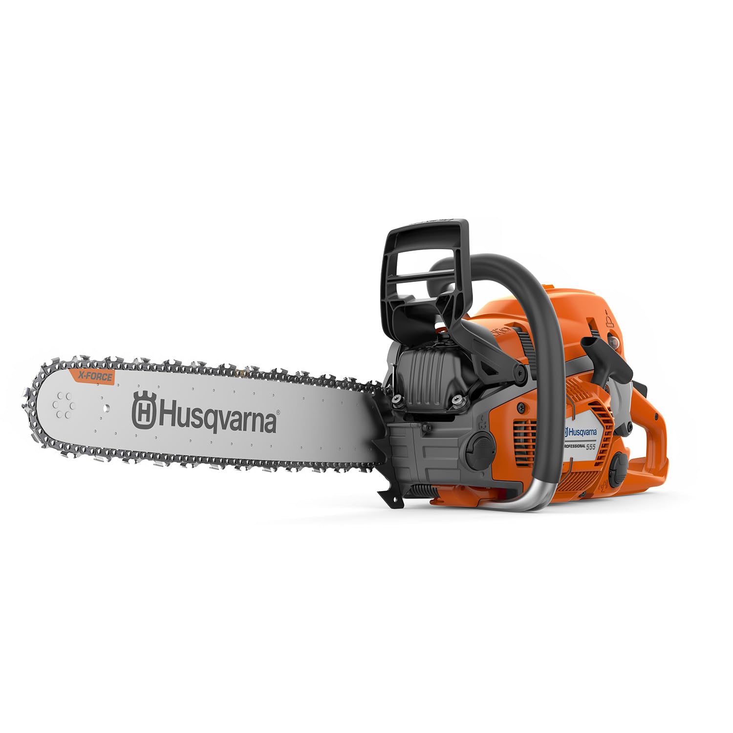 Husqvarna 555 24-inch chainsaw body view highlighting durable magnesium crankcase for tough woodwork