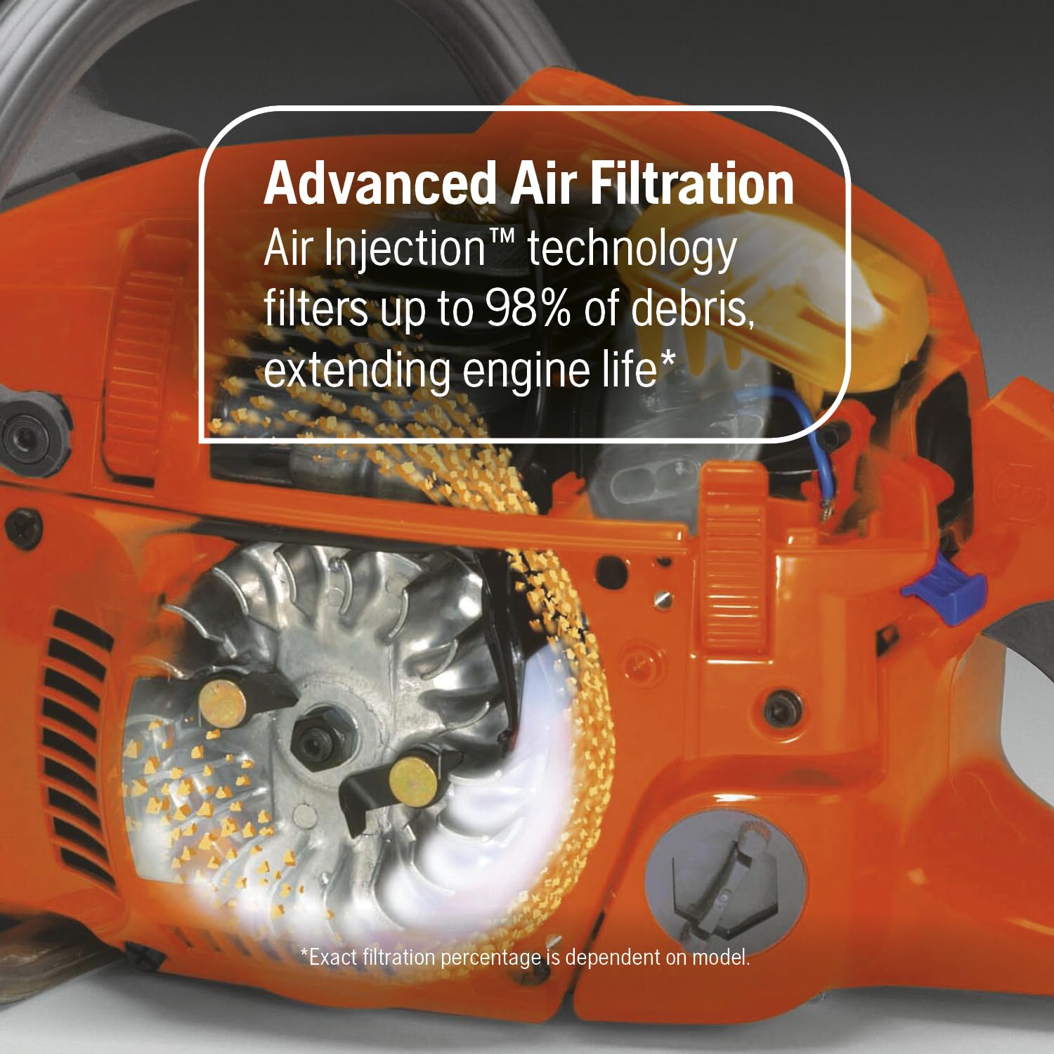 Husqvarna 555 air injection system close-up extending engine life by reducing debris
