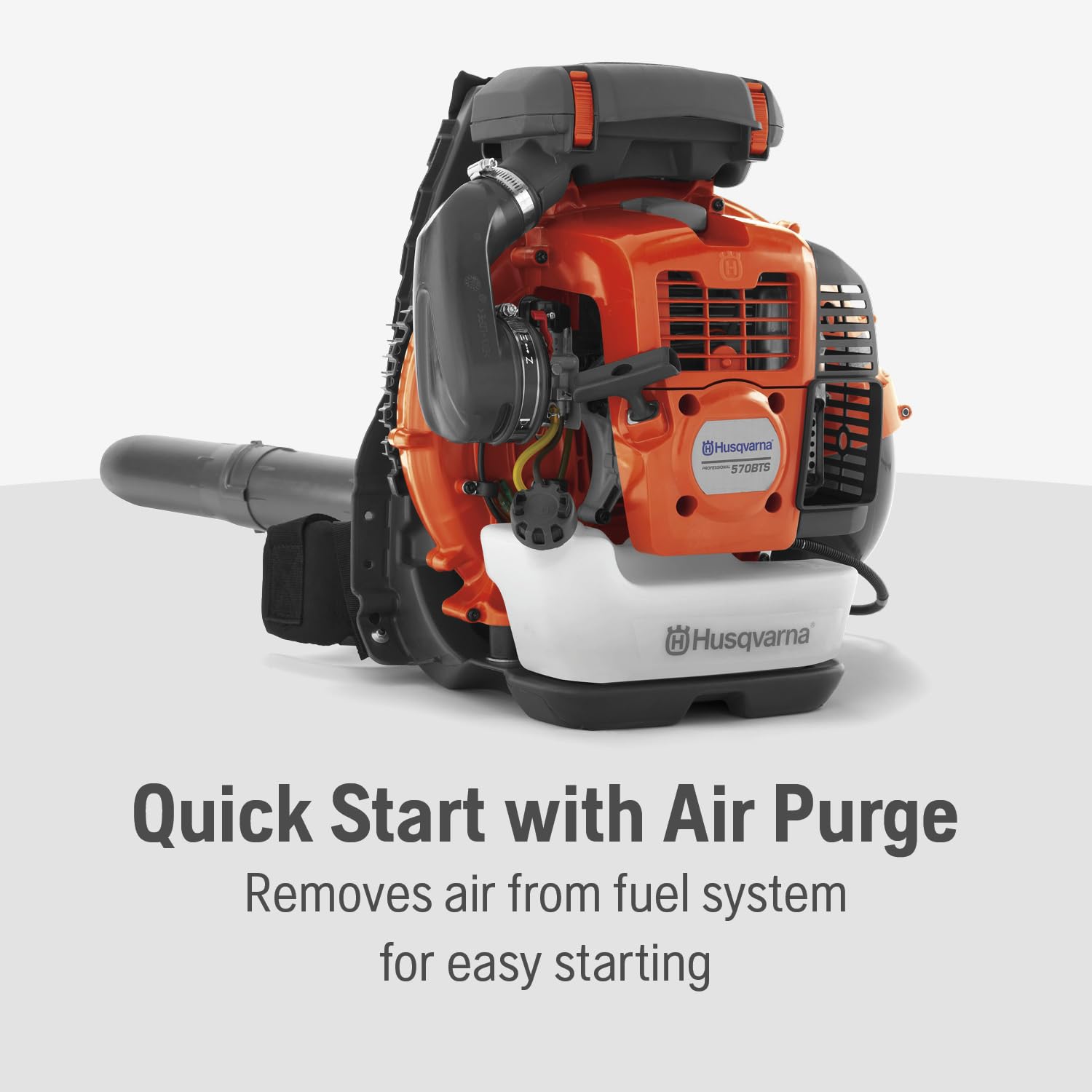 Husqvarna 570BTS 972 CFM airflow for rapid debris clearing.