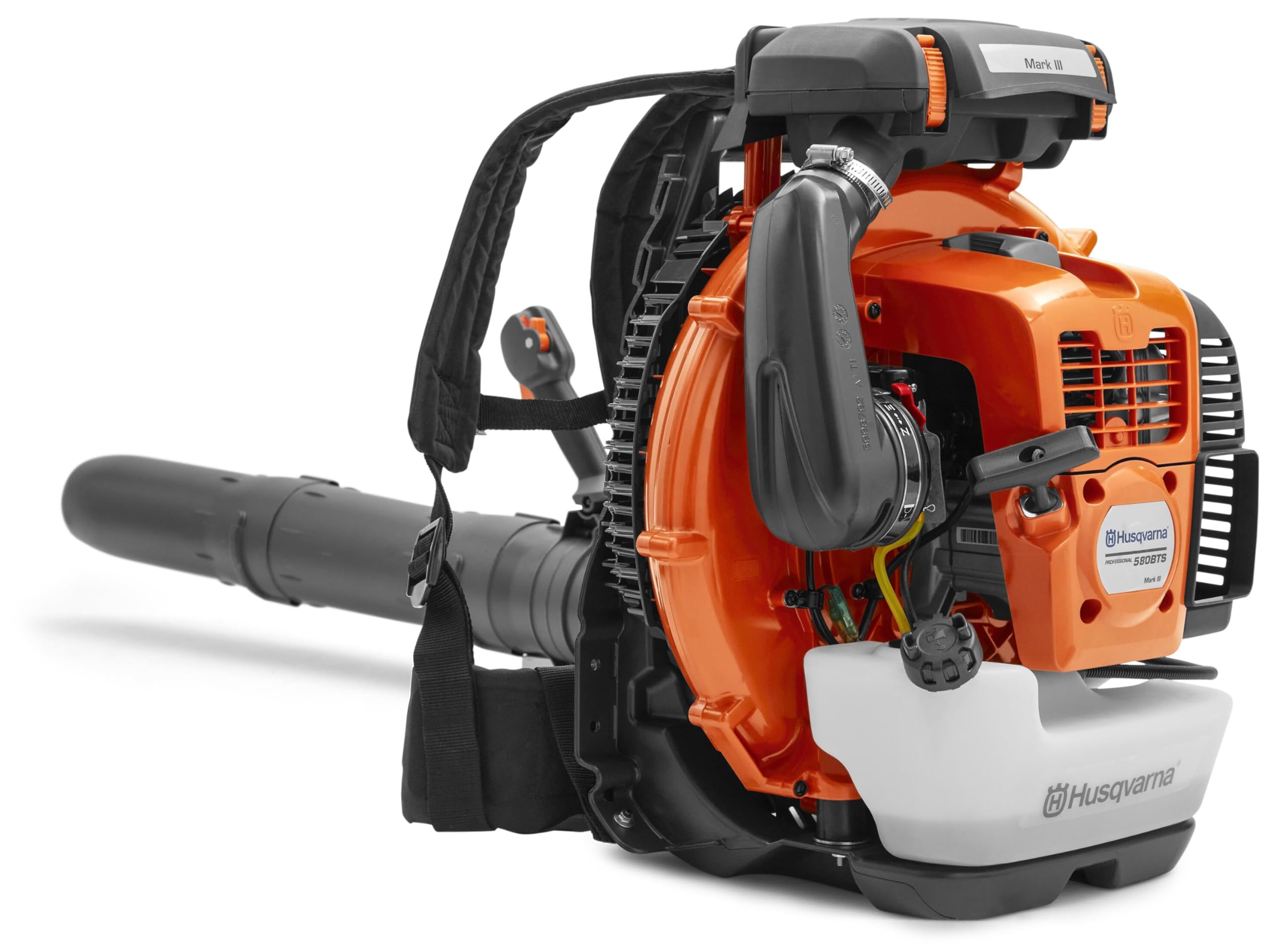 Husqvarna 580BTS backpack blower engine cover highlights durable build for demanding tasks.