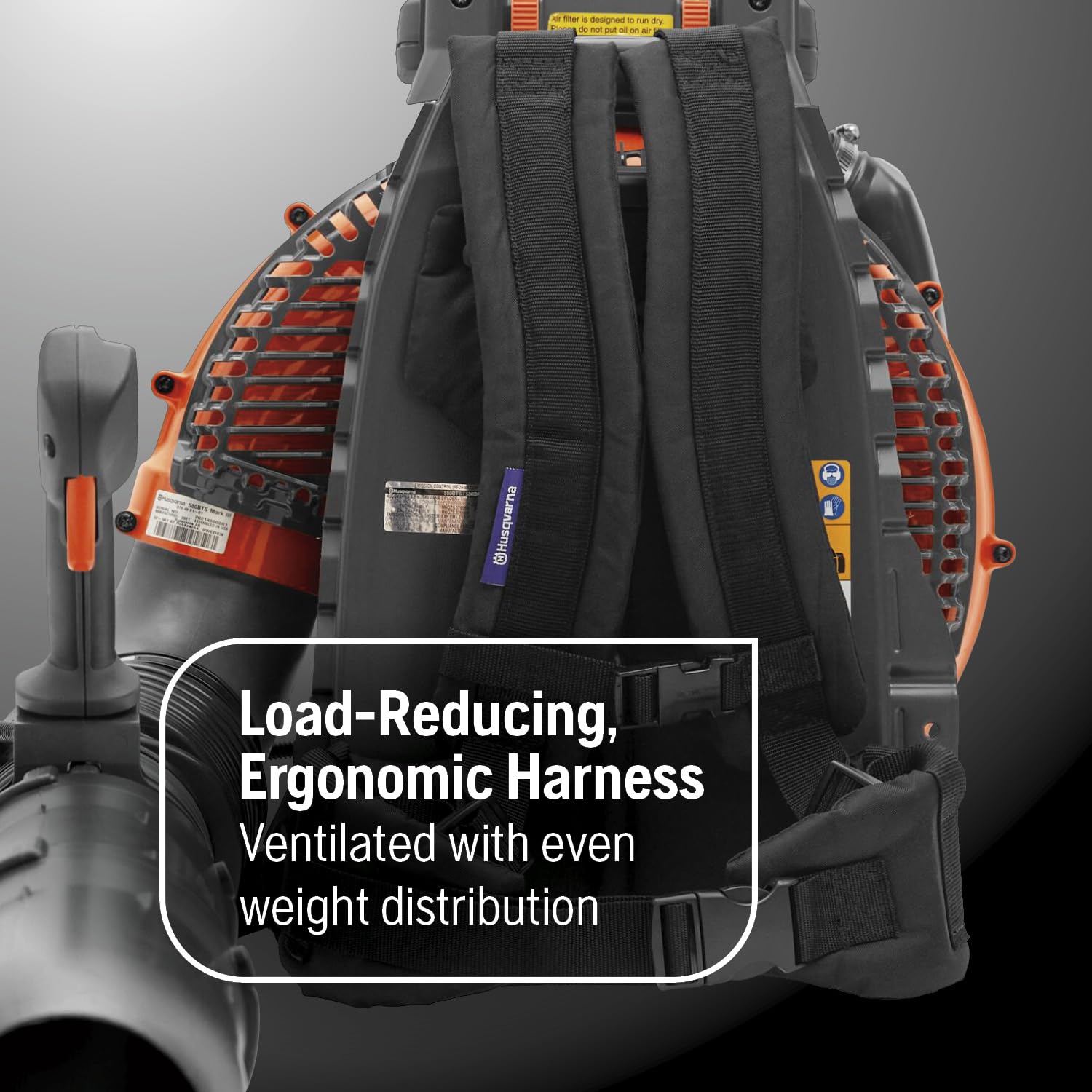 Husqvarna 580BTS ventilated harness distributes weight for all-day comfort.