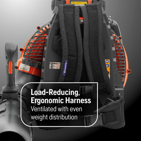 Husqvarna 580BTS ventilated harness distributes weight for all-day comfort.