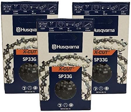 Husqvarna 581643672 SP33G X-Cut 18-inch chain close-up showing sharp teeth for precise cuts.