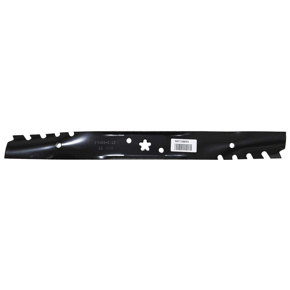 Husqvarna 587199603 blade front view highlights precise 22-inch mulching edge for even cuts