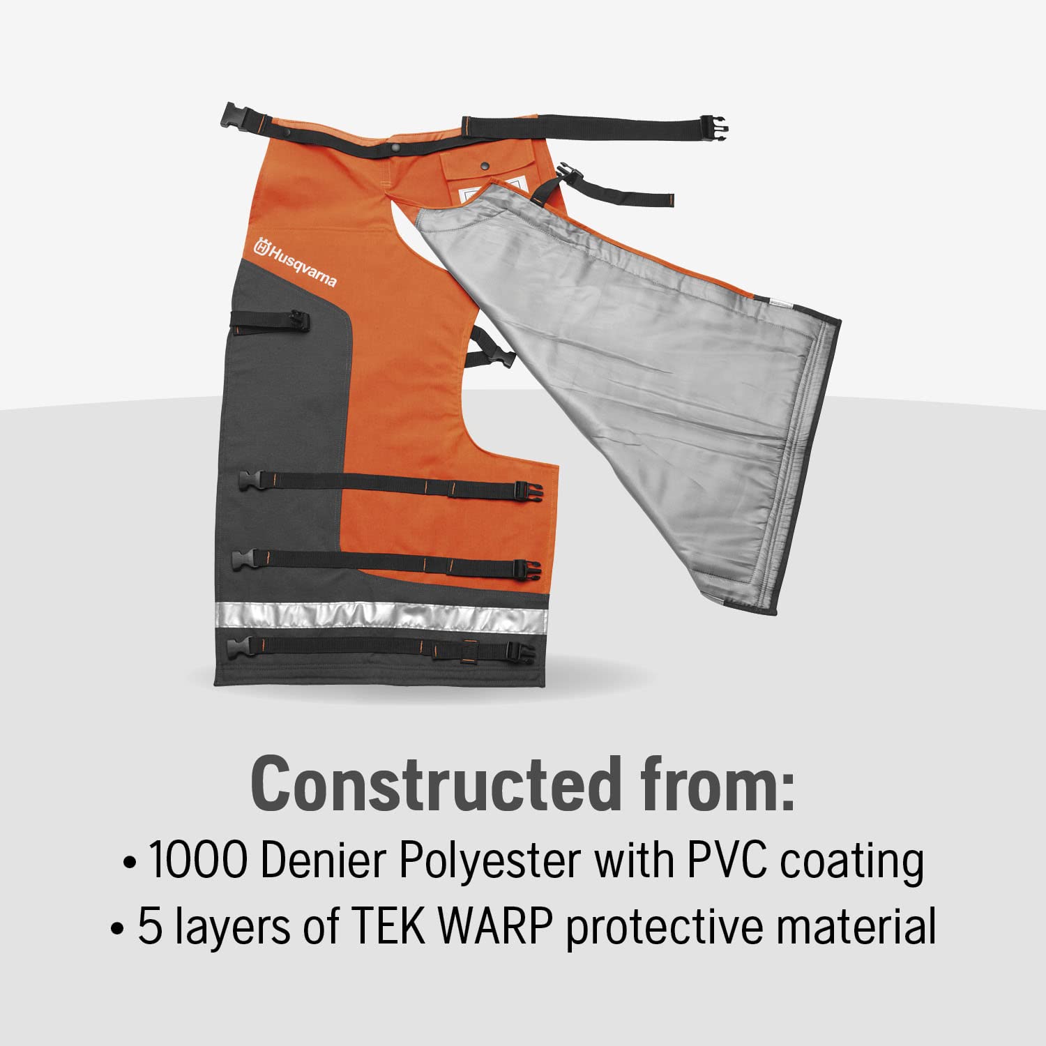 Husqvarna chaps featuring Acetyl Delran buckles for quick secure adjustments